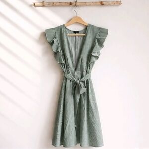Sleeveless Sage Green Striped Dress with Ruffle Shoulders Size M
